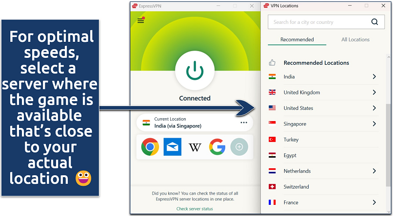 Screenshot of ExpressVPN’s server list