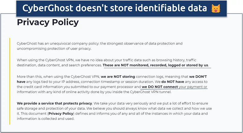 Screenshot of CyberGhost's privacy policy