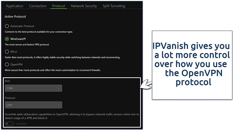 Screenshot of IPVanish's settings menu