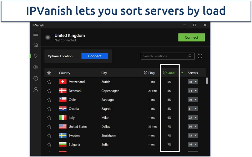 Screenshot of IPVanish's server list