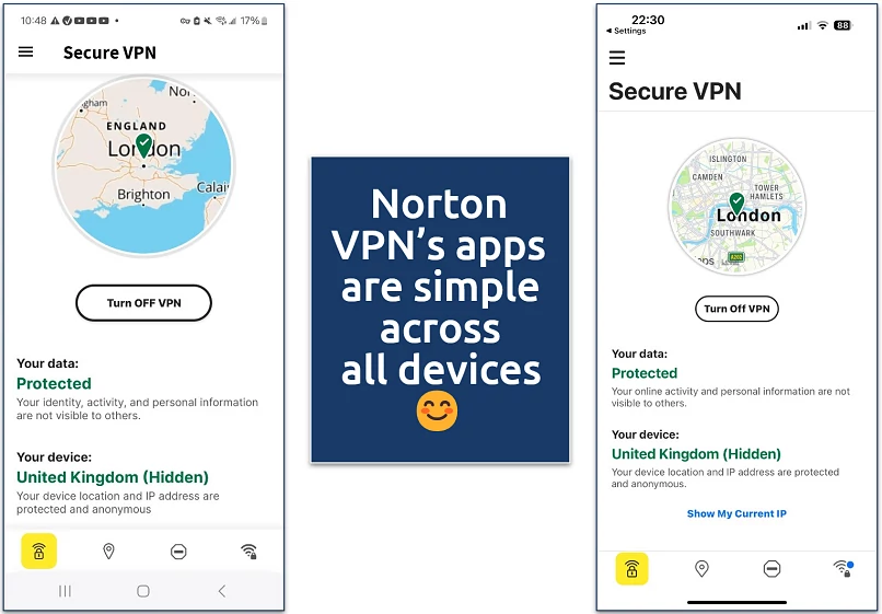 Screenshot of Norton Secure VPN's mobile apps 