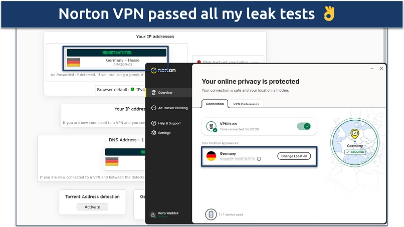 Screenshot of Norton Secure VPN passing leak test on ipleak.net
