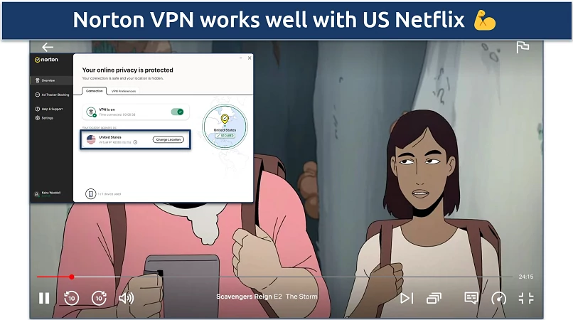 Screenshot of Norton Secure VPN accessing US Netflix