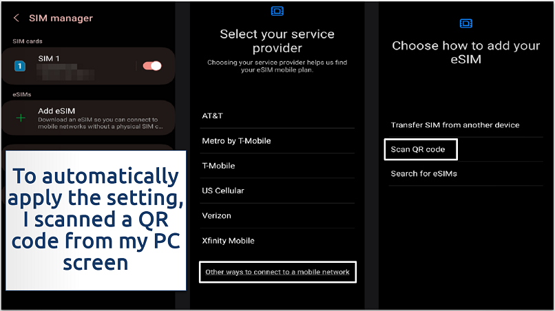 Screenshot showing eSIM setup on Android