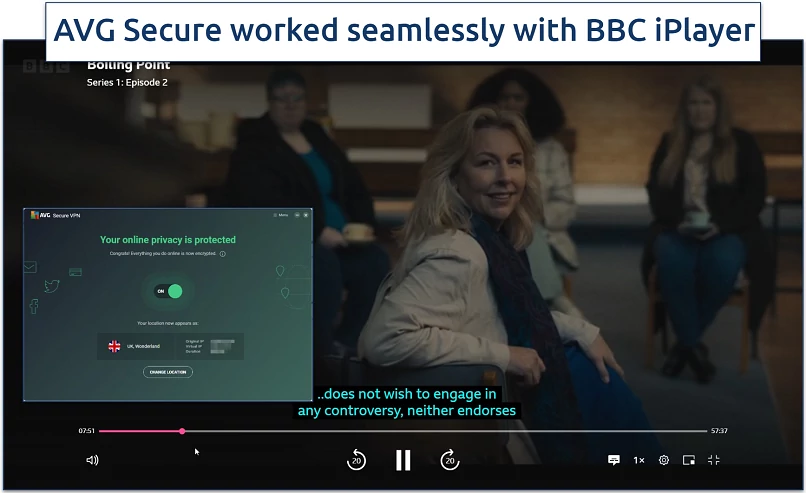Screenshot of Boiling Point streaming on BBC iPlayer with AVG Secure VPN connected