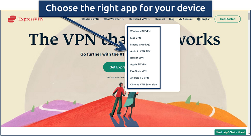 Screenshot of ExpressVPN’s homepage with the option to download the VPN for specific devices