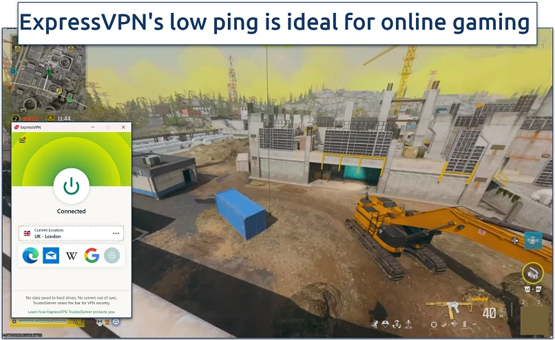 Screenshot of Modern Warfare gameplay with ExpressVPN connected