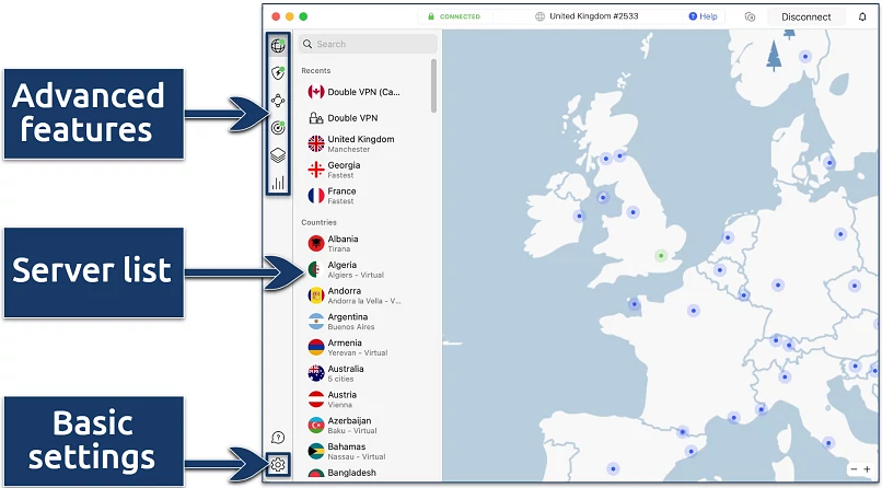 Screenshot showing the NordVPN app