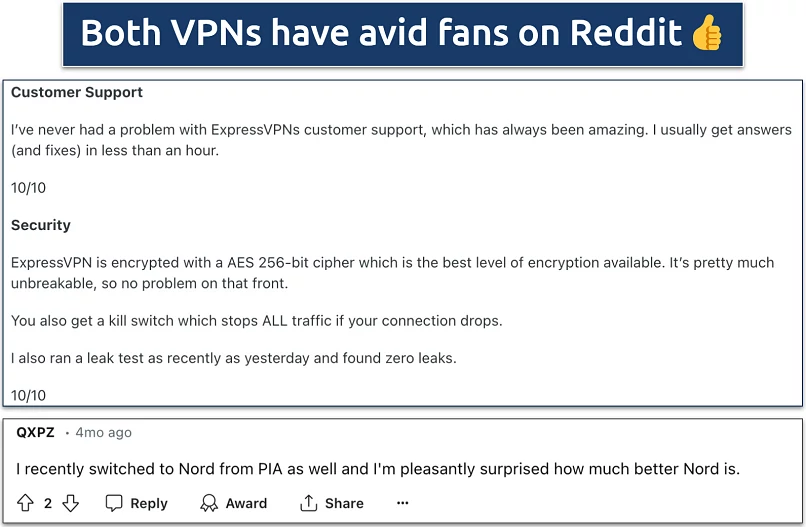 Screenshot showing positive feedback on Reddit for ExpressVPN and NordVPN