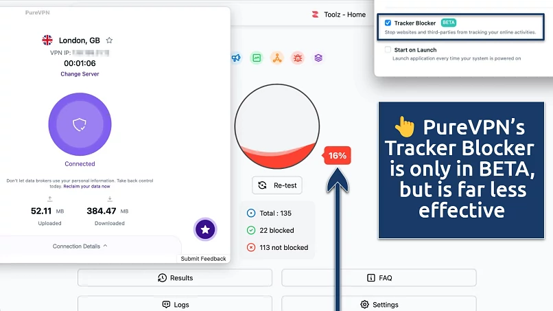 Screenshot showing the PureVPN app over an online malicious content blocker test