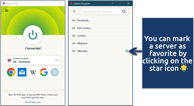 capture d’écran de l’application windows d’expressvpn avec la liste des serveurs britanniques
