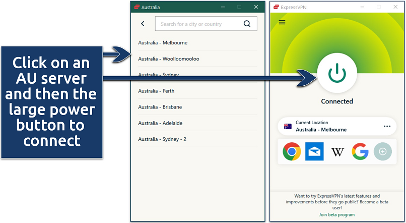 Screenshot of ExpressVPN’s Windows app with servers in Australia