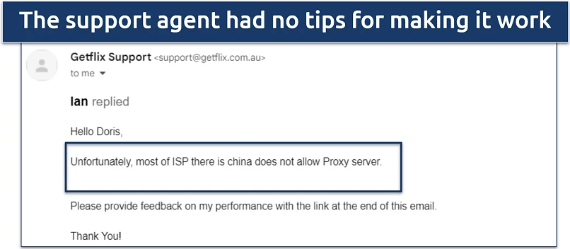 Screenshot of an email response confirming that it doesn't work in China
