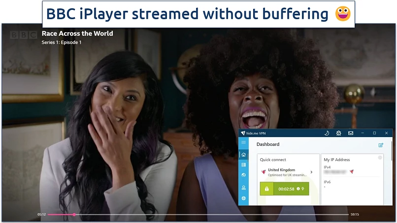 A screenshot of BBC iPlayer streaming Race Across the World while connected to hide.me's streaming-optimized UK server