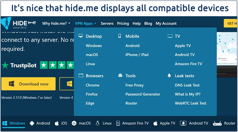 A screenshot showing hide.me's download page