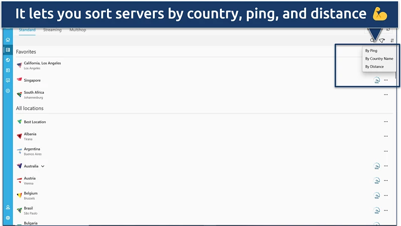 A screenshot showing hide.me let you sort its servers vy country, ping and distance
