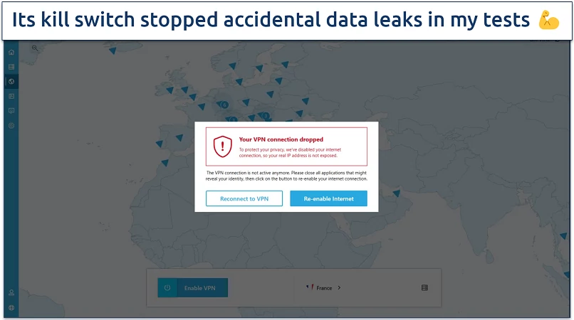 A screenshot showing hide.me has a reliable kill switch