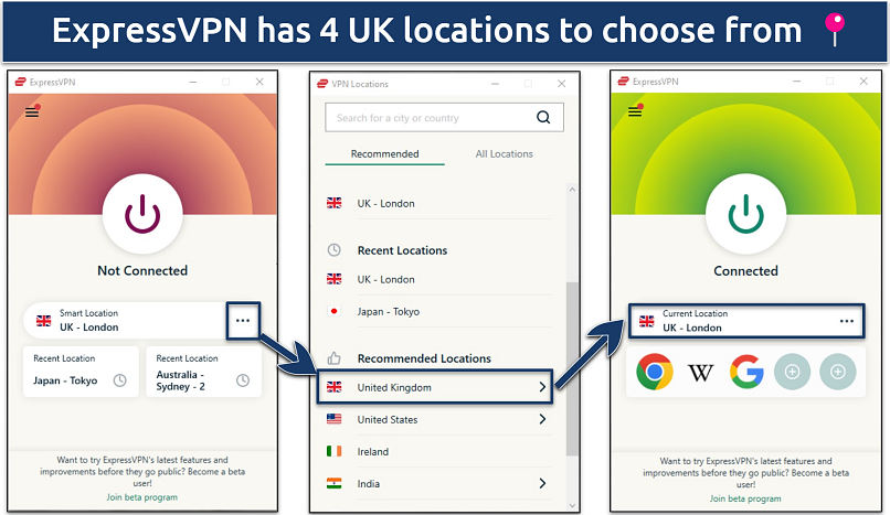 A screenshot showing how to connect to a UK server with ExpressVPN’s Windows app