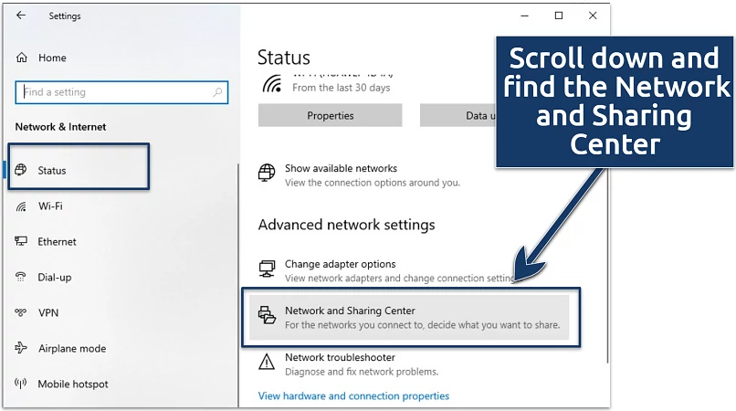 A screenshot of Network & Internet status settings on Windows 10