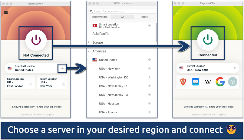 Screenshot showing the ExpressVPN server list and app