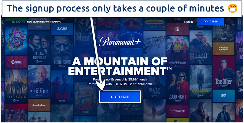 Screenshot of Paramount+ homepage showing where to click to start signing up for the free trial
