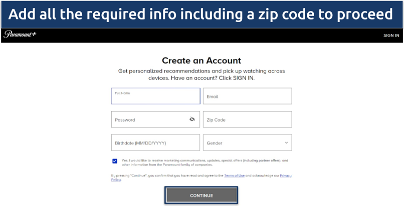 Image showing the personal details required to sign up for Paramount+