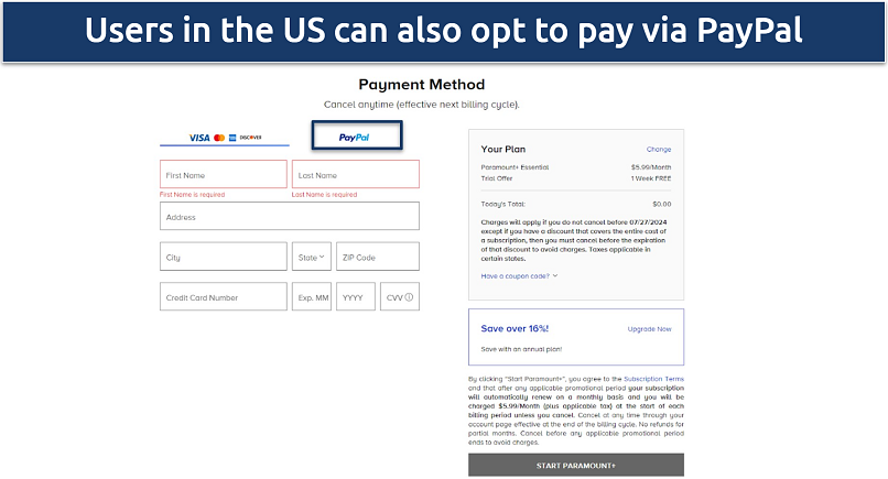 Image showing the payment method options for Paramount+