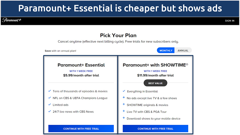 Screenshot of Paramount+ subscription plans page