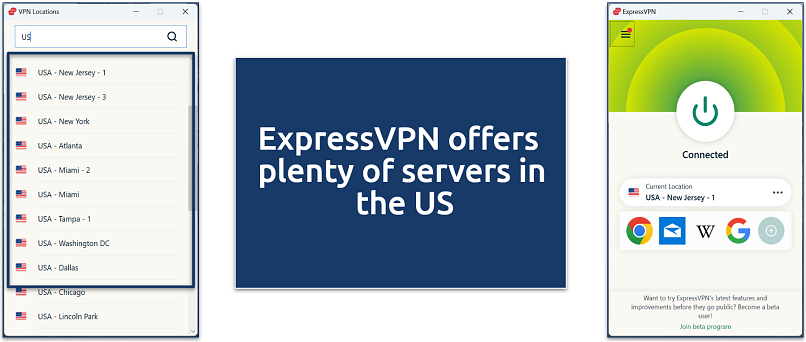 A screenshot showing ExpressVPN’s US server selection
