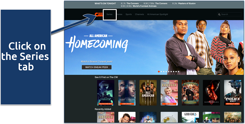 A screenshot showing CW’s home page