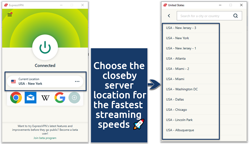 Screenshot of the ExpressVPN US server list