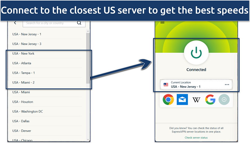 A screenshot showing ExpressVPN’s server selection interface