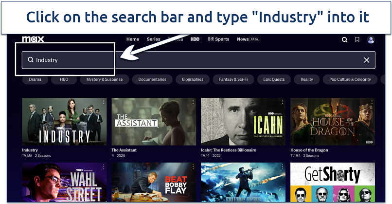 A screenshot showing Max’s search feature