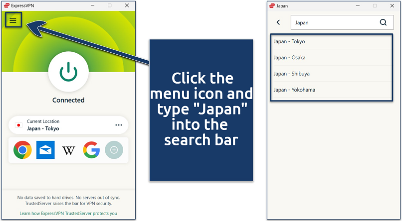 A screenshot of the ExpressVPN app showing its Japan server locations while connected to the Tokyo server