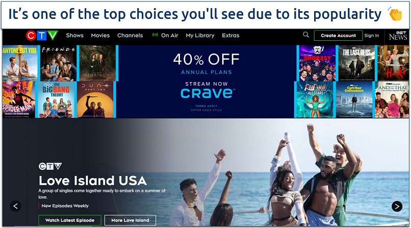 A screenshot showing Love Island USA season 6 is available on CTV