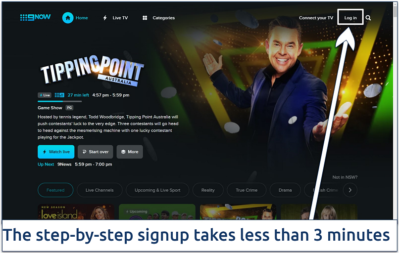 Screenshot of the 9Now home page with the Log in option highlighted