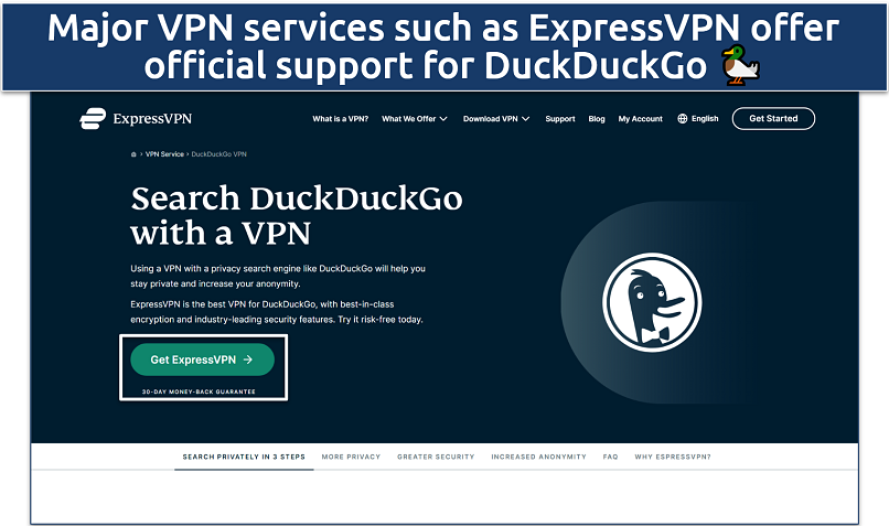 A screenshot showing ExpressVPN’s DuckDuckGo page