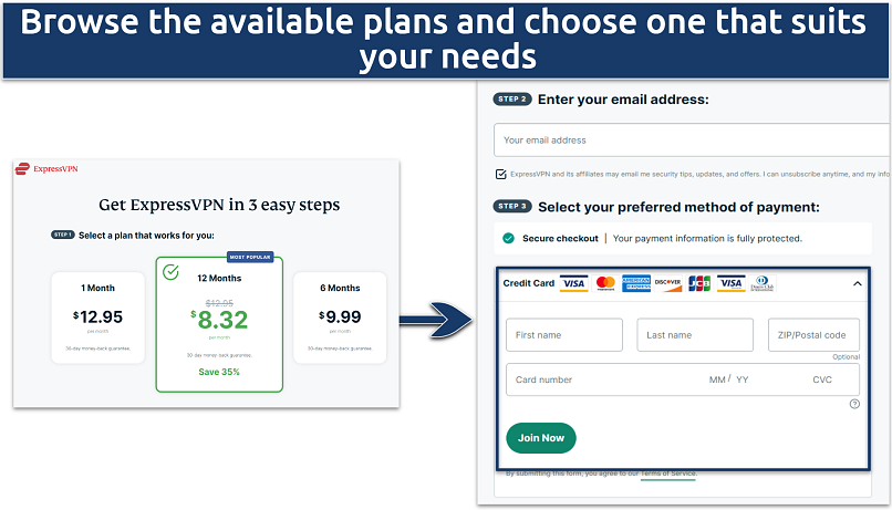 Screenshot of choosing an ExpressVPN plan