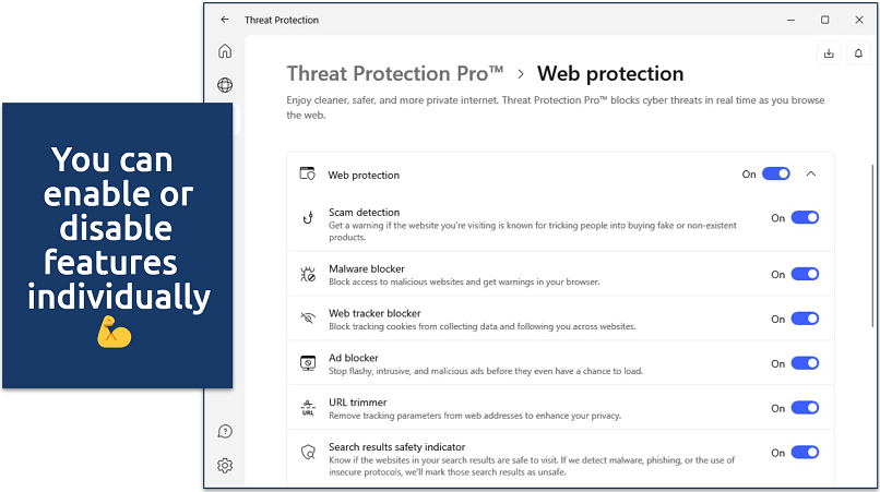 Screenshot of NordVPN’s Windows app with Threat Protection customization options