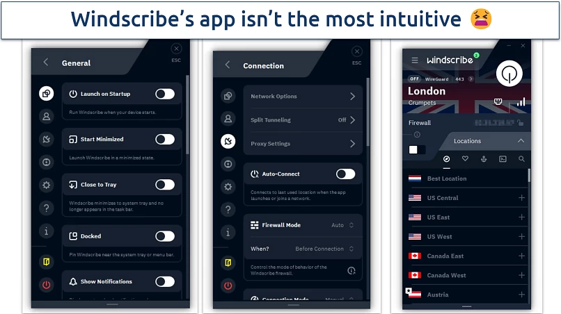 Screenshot of Windscribe's Windows app showing the settings and server list