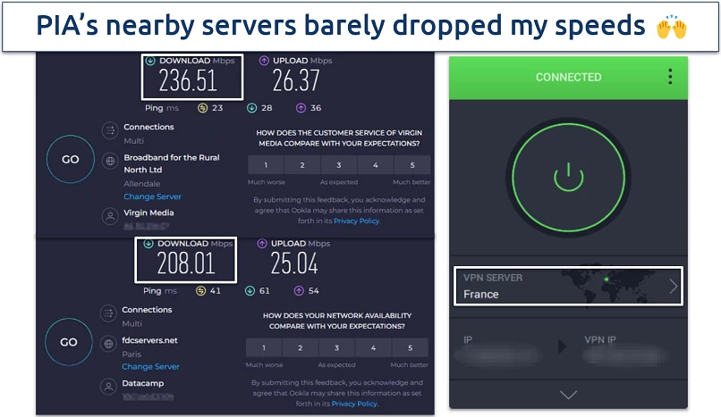 Screenshot of PIA's speed test results on France servers