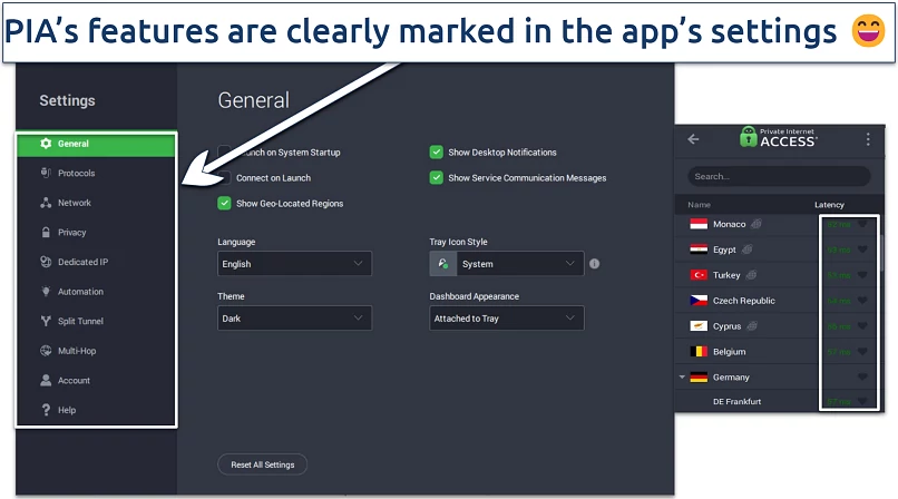 Screenshot of PIA's Windows app, highlighting its ease of use