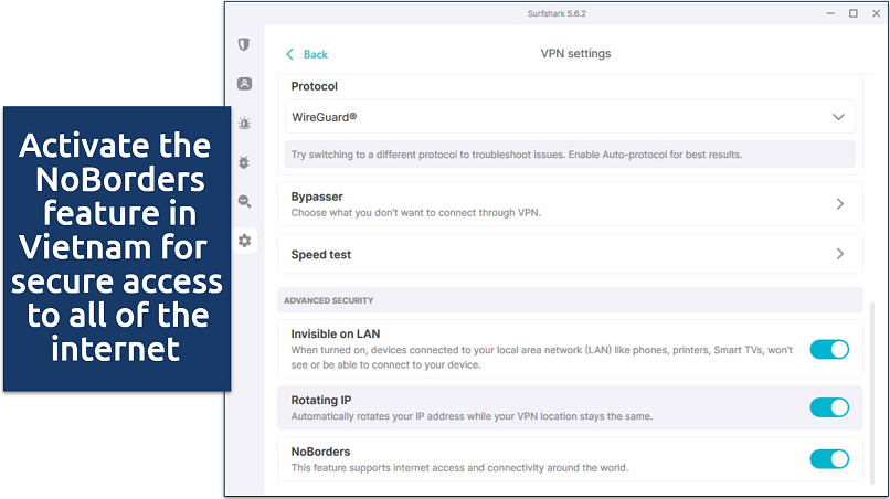 Screenshot of Surfshark’s Windows app with NoBorders enabled