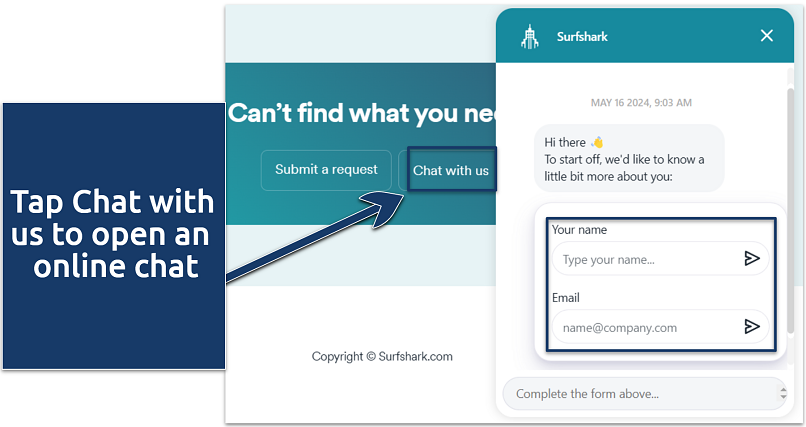 Screenshot showing Surfshark’s 24/7 live chat