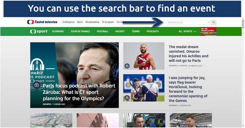 Screenshot of ČT Sport’s homepage displaying the search bar