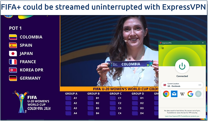 Watching FIFA U-20 Women’s World Cup on FIFA+ with ExpressVPN connected to the UK