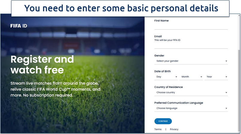 Screenshot of FIFA+ signup process