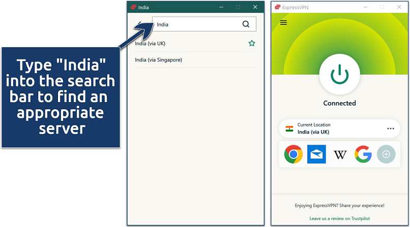 Screenshot of ExpressVPN’s Window app connected to a server in India