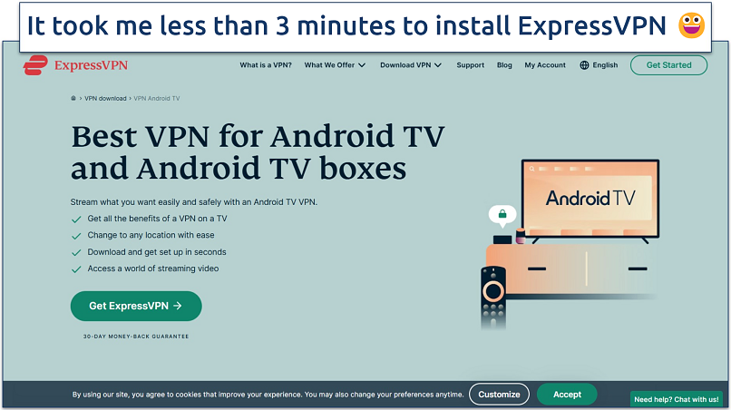 Screenshot of ExpressVPN’s website page with download links for Android TV