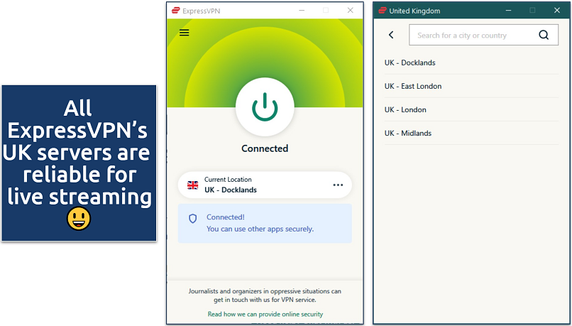 Screenshot of ExpressVPN’s Windows app showing its UK servers for streaming the Premier League on Sky Sports